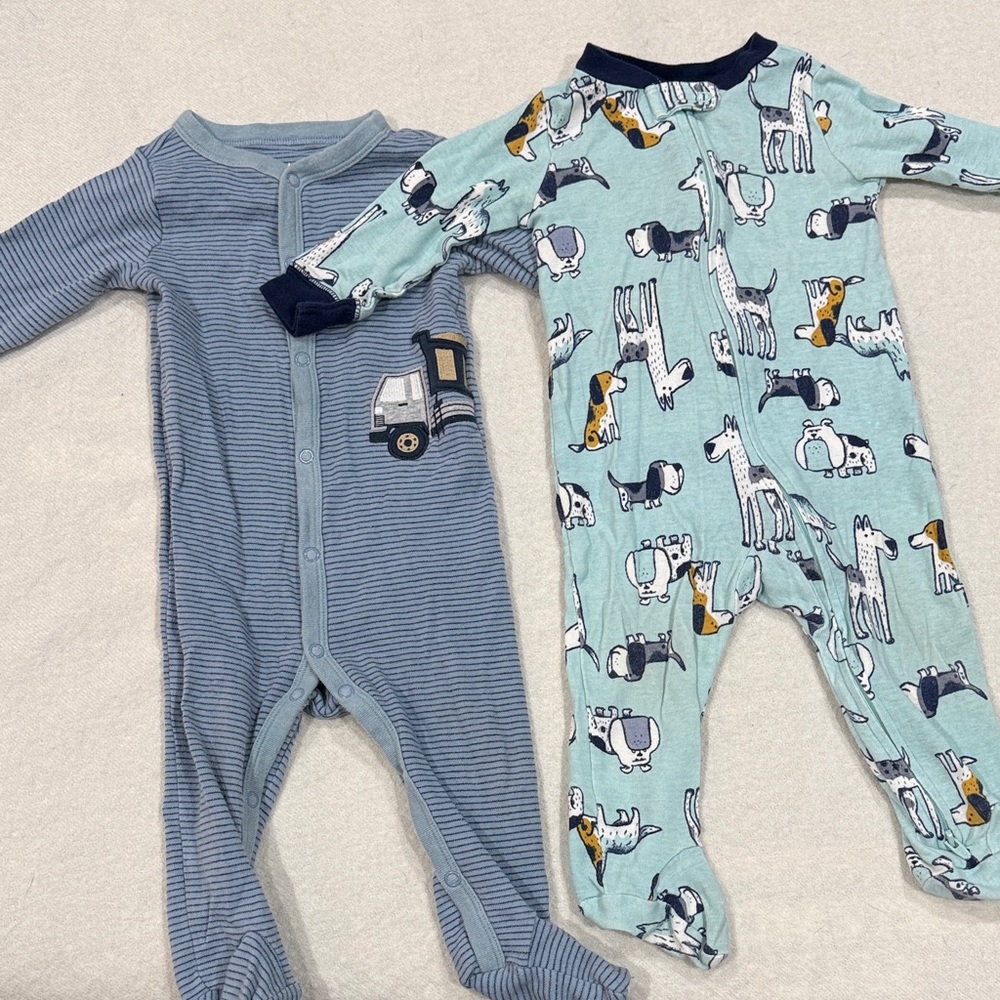 Carter's Blue Striped and Dog Print Footies Pajamas Bundle 9 months